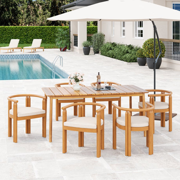 English Elm Christopher Knight Home® - Cove Teak+ Beige 7PC Acacia Outdoor Dining Set with Armrest Chairs, Curved Back & Removable Cushions COVEARM7PCSET