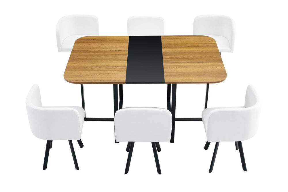 English Elm 7-piece Modern Dining Set Suede Upholstered Chairs Wood Grain Melamine Table Black,White,Wood W3875S00107