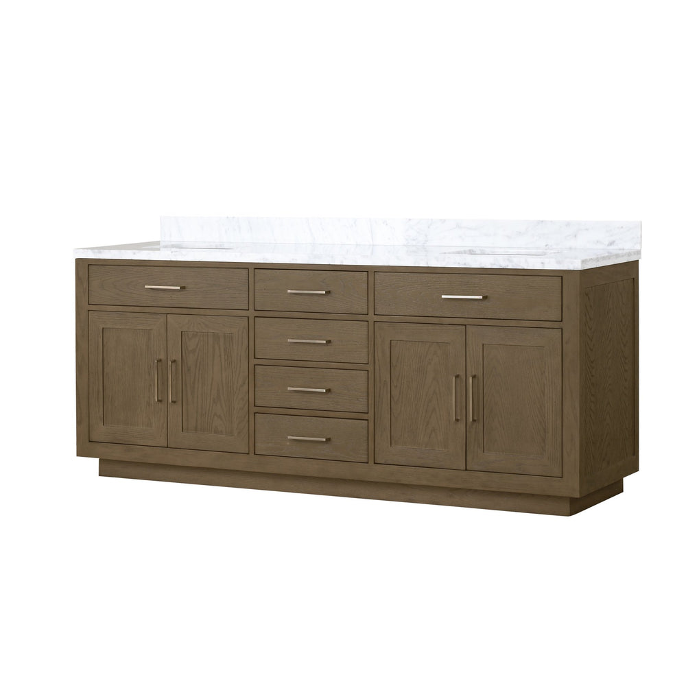 English Elm Grey Oak Double Bath Vanity With Carrara Marble Top - 80" W, Ample Storage & Soft-Close Features B2731P257821