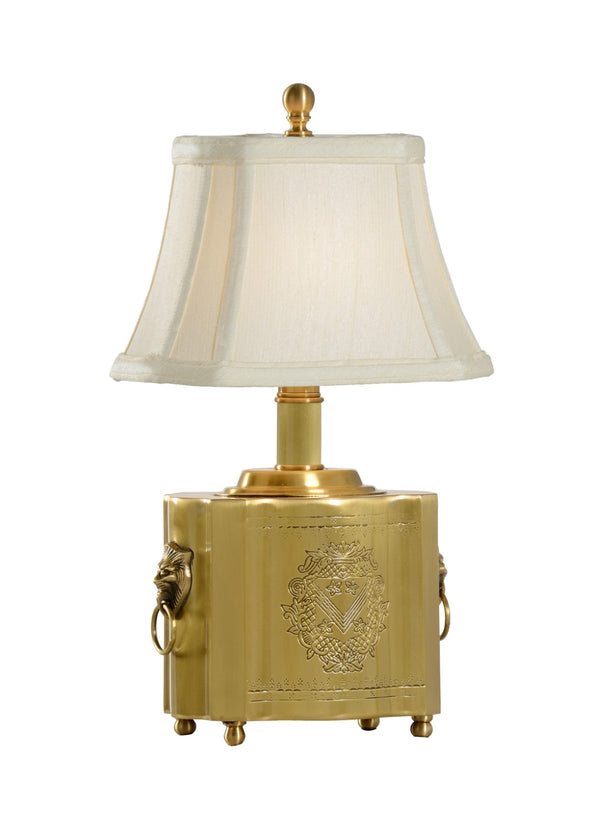 Wildwood Tea Box Lamp Antique Brass Tea-Caddy Design With Lion-Head Handles, Bone-Silk Shade For Warm Ambient Light 789