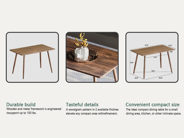 English Elm 47" Modern minimalist MDF dining table with sturdy metal legs, waterproof scratch-resistant top, 51.6" x 30.5" Walnut W2189133892