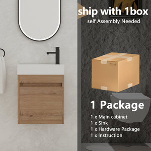 English Elm 18'' Floating Vanity with White Resin Sink, Soft-Close Door, Open Shelf Storage, Water-Resistant Finish W99936260