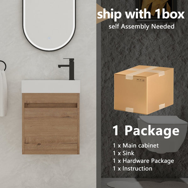 English Elm 18'' Floating Vanity with White Resin Sink, Soft-Close Door, Open Shelf Storage, Water-Resistant Finish W99936260