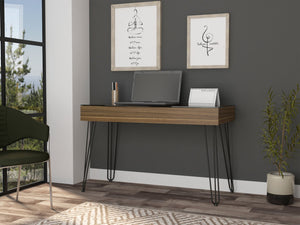 English Elm Kyoto Industrial 120 Writing Desk with Hairpin Metal Legs, Glass Top & Spacious Single Drawer, Brown B128S00166