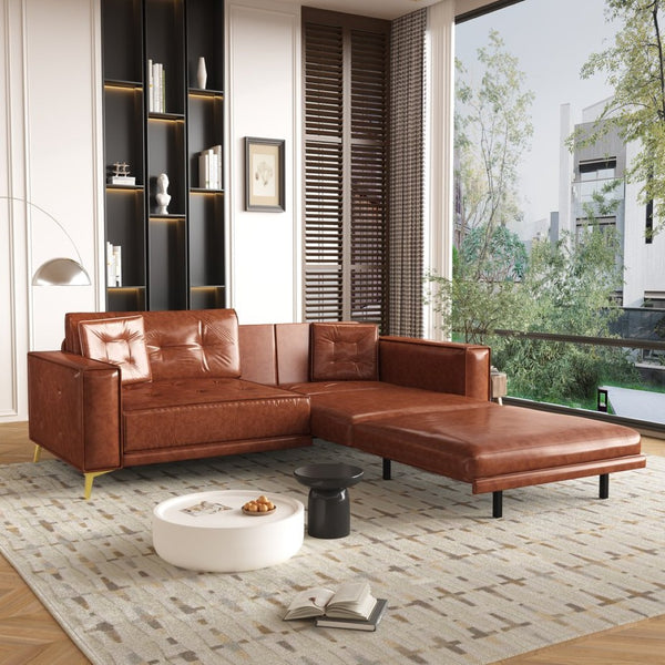 English Elm 92.1"king Faux Leather Convertible Sleeper Sofa Tufted 4 Seat Pull Out Living Room Couch Light Brown W1885S00408