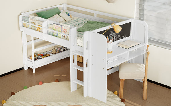English Elm Twin Low Loft Bed Solid Pine Frame Kids Study Desk Blackboard Storage White W1580S00297