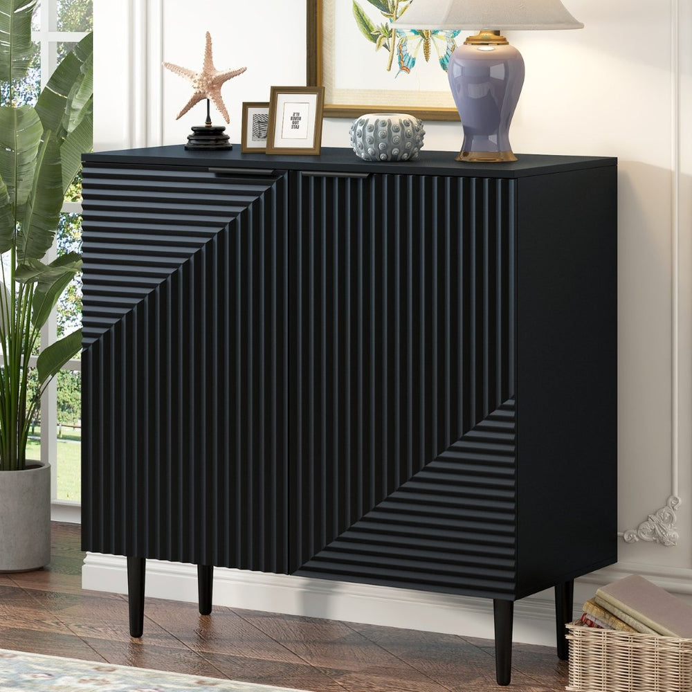 English Elm Mirod Lacquered Side Cabinet Geometric Door Panels Metal Legs Adjustable Interior Shelves Black N760P221050B