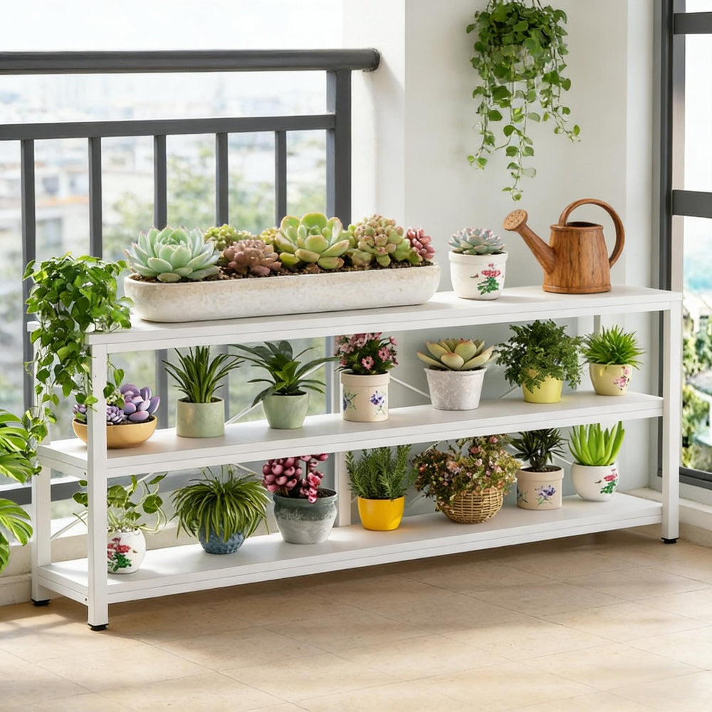 English Elm Display Shelf Extra Long Console Table with Three Open Tiers and Industrial X Frame T3971P453174