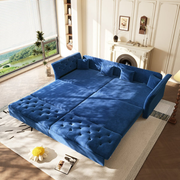 English Elm 100" Oversized Velvet Sleeper Sofa with Floral Tufted Cushions for Living Room Blue W1885S00303