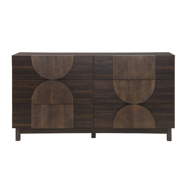 English Elm Modern Fluted 6 Drawer Dresser with Solid Wood Legs Japandi Chest for Bedroom Dark Brown N739S0000013D
