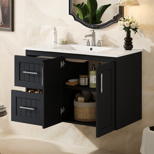 English Elm 36'' Wall Mounted Bathroom Vanity with Ceramic Sink, Solid Wood & MDF Floating Cabinet with Drawers Black N710P293299B