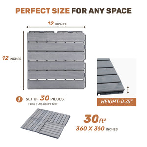 English Elm 30 Interlocking Deck Tiles 12" Square Acacia Hardwood Striped Outdoor Flooring Waterproof DIY Light Gray W2391P276695
