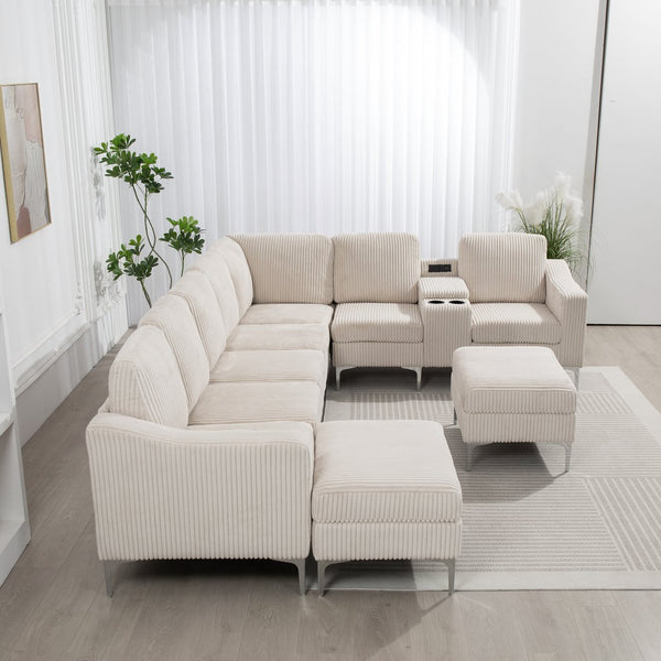 English Elm Convertible Sectional Sofa With Storage Ottoman, Cupholders & Usb Ports - Modern Comfort For Living Spaces W3098S00034