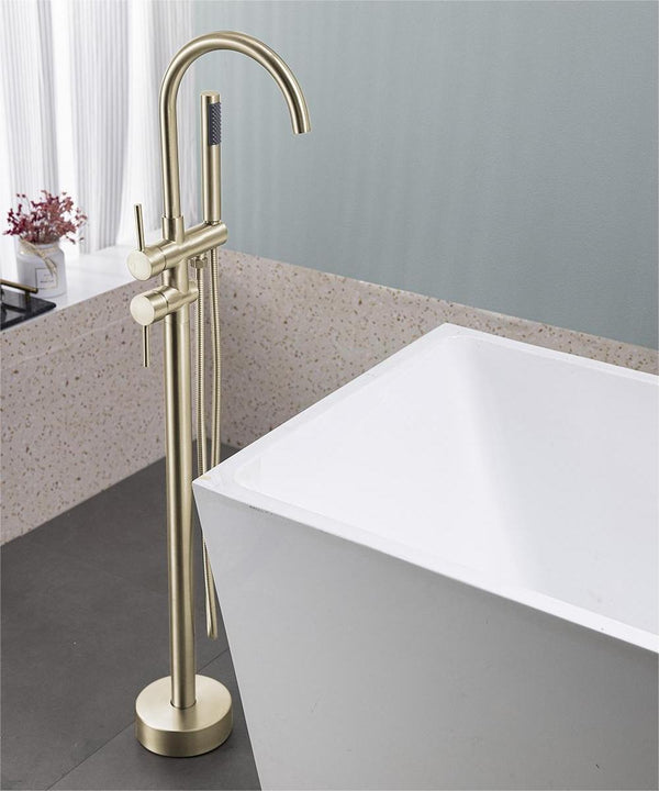 English Elm Floor Mount freestanding bathtub faucet with matte black finish, high-flow single-handle tub filler with handheld shower and 360° swivel spout, durable stainless steel and brass construction Brushed Gold T3177P277534