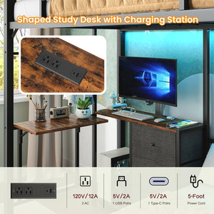 English Elm Bunk Bed Steel Frame with Rgb Lighting Charging Station Drawers and Folding Desk W1820P420816