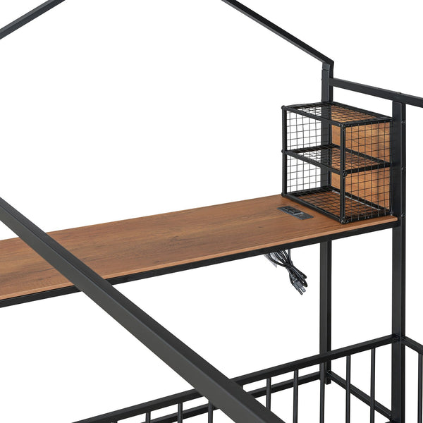English Elm Full Size Metal House Bed Frame with Desk, Shelves, USB Power Ports & Playful Roof for Kids Room Delight Black N737P173491B