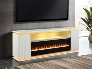 English Elm Contemporary TV Stand with Built-In Electric Fireplace, Heater, Glass Shelves & Modern Mixed-Material Finish White 21 L x 76 W x 33 H B2741P398852