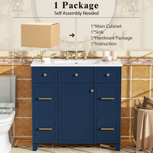 English Elm 36" 36-inch Transitional Bathroom Vanity with Ceramic Basin, Solid Wood Frame, Soft-Close Storage Elegance Blue N729P255663C