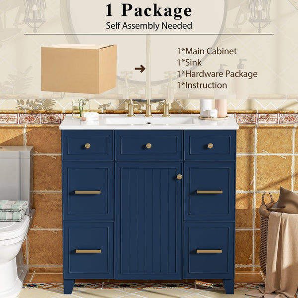 English Elm 36" 36-inch Transitional Bathroom Vanity with Ceramic Basin, Solid Wood Frame, Soft-Close Storage Elegance Blue N729P255663C