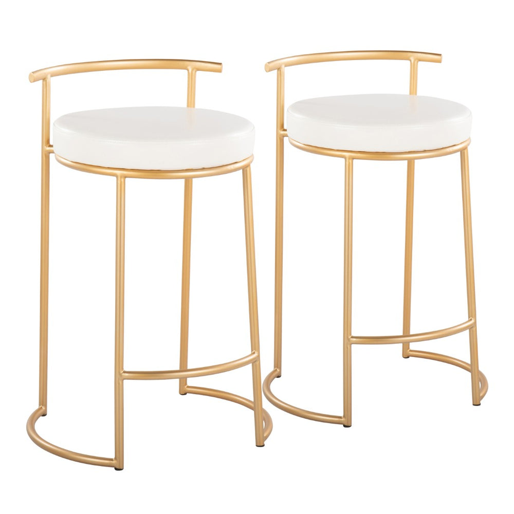 English Elm Round Fuji 26" Contemporary Counter Stool Set Of 2 In Gold Metal & White Faux Leather - Elevate Style! B202P222106-GIGA