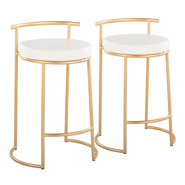 English Elm Round Fuji 26" Contemporary Counter Stool Set Of 2 In Gold Metal & White Faux Leather - Elevate Style! B202P222106-GIGA