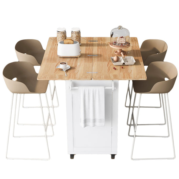 English Elm K&K Kitchen Island with Foldable Countertop, Spacious Mobile Storage Cart, Soft-Close Doors, Durable Rubberwood Top and Locking Wheels White N707P173036W