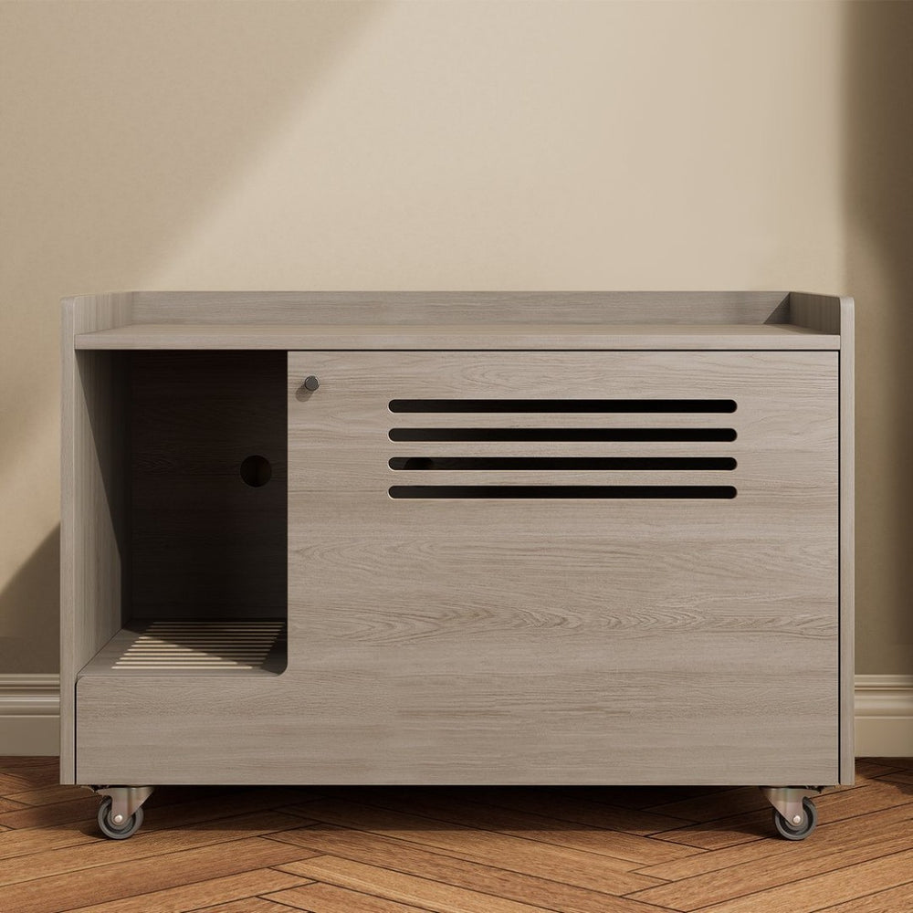 English Elm Gray Wooden Hidden Litter Box Cabinet with Ventilation Wheels and Side Table Top W3166P266403