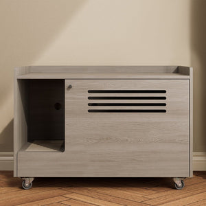 English Elm Gray Wooden Hidden Litter Box Cabinet with Ventilation Wheels and Side Table Top W3166P266403