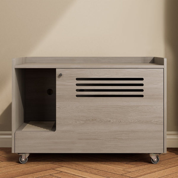 English Elm Gray Wooden Hidden Litter Box Cabinet with Ventilation Wheels and Side Table Top W3166P266403