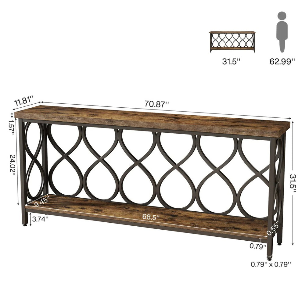 English Elm 2-tier Industrial Console Table Rustic Wood and Black Metal Frame Entryway Sofa T3971P462384