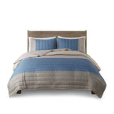 Madison Park Blake Casual 3 Piece Printed Color Blocking Microfiber Quilt Set MP13-8133 Taupe/Blue