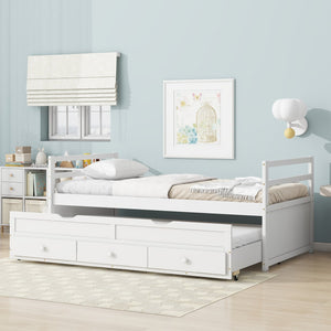 English Elm Twin Twin Size Bed with Trundle and Three Storage Drawers, Space-Saving Pine Frame with Classic Headboard White W504P197162