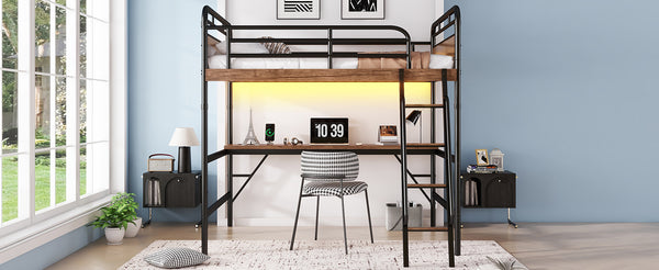 English Elm Full Size Metal Loft Bed with Desk, LED Light & Charging Station, MDF Panels, Safe Rounded Edges W2580P286695