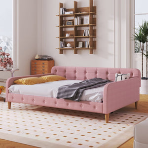 English Elm Full Size Linen Tufted Daybed with Pine Frame for Living or Guest Room Pink DL001825AAH-1