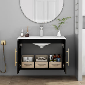 English Elm 30-Inch Black Gloss Wall-Mounted Bathroom Vanity With Soft-Close Doors & Gold Handle For Modern Style W3151S00051