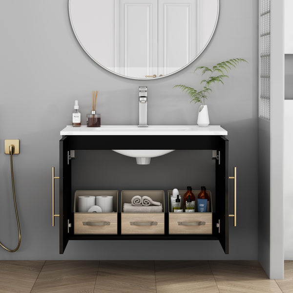 English Elm 30-Inch Black Gloss Wall-Mounted Bathroom Vanity With Soft-Close Doors & Gold Handle For Modern Style W3151S00051