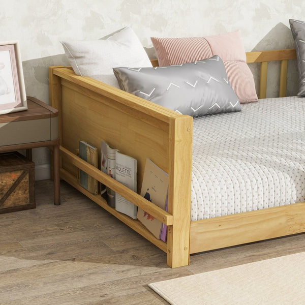 English Elm Twin Floor Platform Bed With Book Rack & Fence, Durable Natural Finish For Cozy Kids' Rooms W504P345766-GIGA