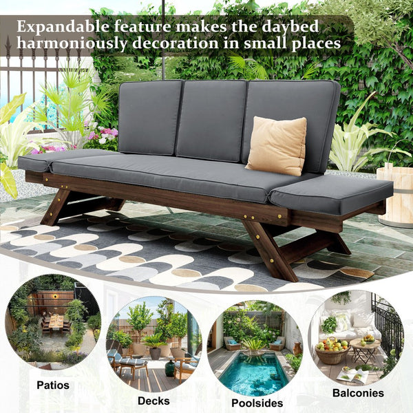 English Elm TOPMAX Outdoor Adjustable Patio Daybed Sofa with Acacia Hardwood Frame, Water-Resistant Cushions Gray SP100141AAE