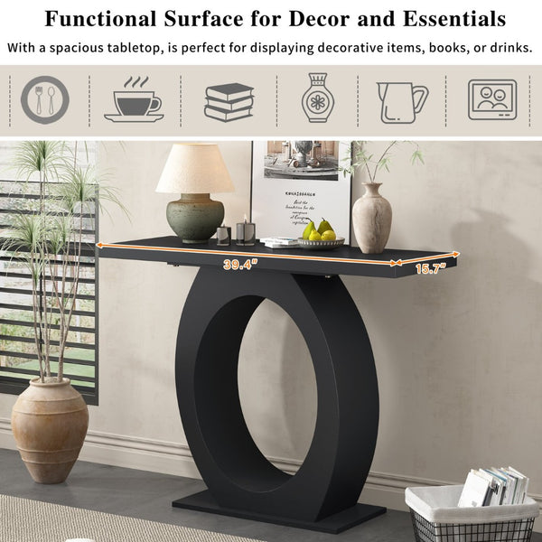 English Elm Mirod Sculptural Console Table Acacia Veneer Gloss Top Egg Base Entryway Accent Black N760P214780B