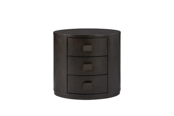 English Elm 3 Drawer Nightstand with USB Ports, Cement & Sand Mindi Veneer, Felt & Cedar Lined Drawers, Pull-Out Tray Black 31 L x 22 W x 30.5 H B2699P395335