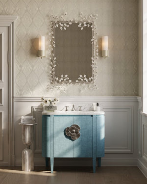 Currey & Company Briallen 36" Vanity With Elegant Carrara Marble Top And Polished Nickel Brass Flower Pull Storage Solutions Blue White Oak Solids & Veneer ,Carrara Marble ,Viterous China ,Brass 3800-0015-currey-company