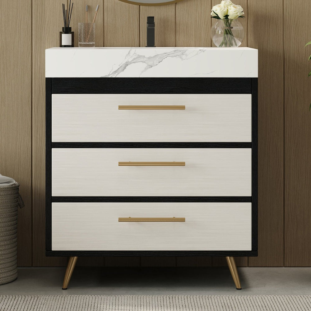 English Elm Modern Freestanding Bathroom Vanity with Sintered Stone Top and Gold Steel Legs W3136S00049