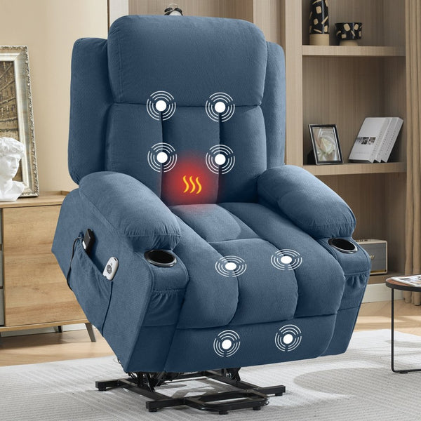 English Elm Swivel Rocker Recliner with Massage Heat and Usb Port for Living Room Comfort Blue W1521P425520