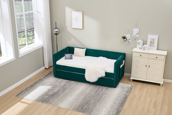 English Elm Emerald velvet daybed with diamond tufted pull-out trundle, modern sturdy frame, luxe guest bed for living spaces W1361S00033