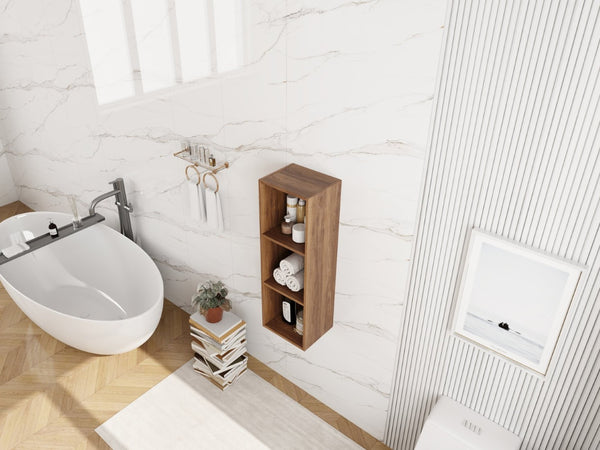 English Elm 12 Inch Wall Mounted Three Tier Storage Shelf Brown Ebony Finish for Bathroom Study W1972P457976