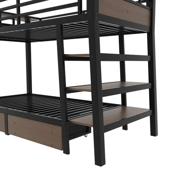 English Elm Full Size Metal Loft Bed with Stair Storage Shelves Bookshelf for Dorms Bedroom W1580S00346