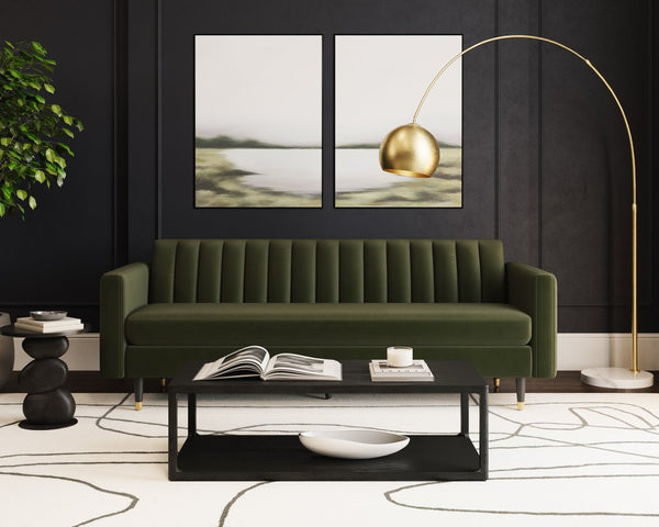 Sunpan YOSI Sofa - Moss Green Velvet with Channel Tufting for Modern Elegance & Everyday Comfort in Living Rooms 103687V