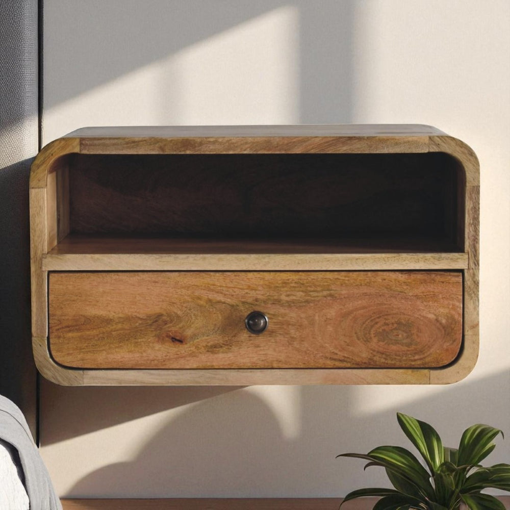English Elm Large Floating Wall Mounted Nightstand Solid Mango Wood Oak Tone Bedroom Storage B182P263126