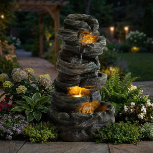 English Elm 6-tier Cascading Resin Stone Fountain with Warm Led Lights for Patio and Garden W853P412664