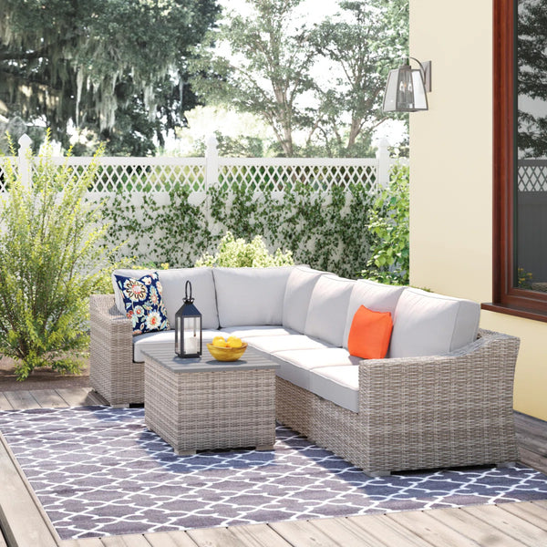 English Elm 4-Person Curved-Arm Wicker Outdoor Sectional Set With Plush Cushions For Stylish Alfresco Lounging B120S00259